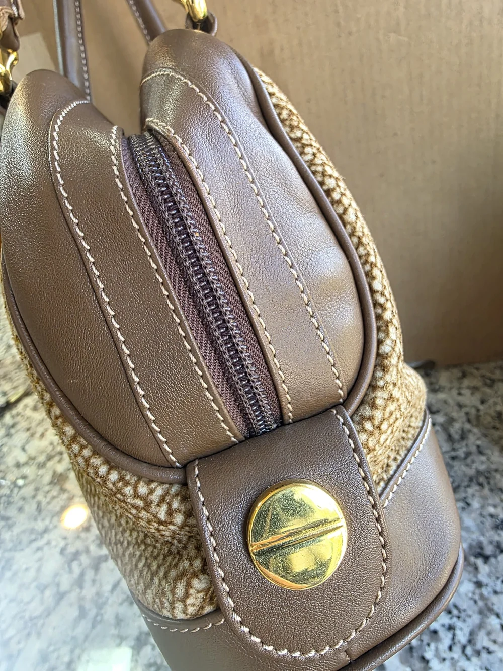 Vintage Borbonese Italy Brown Leather Satchel Dome Bag Gold Screw Hardware